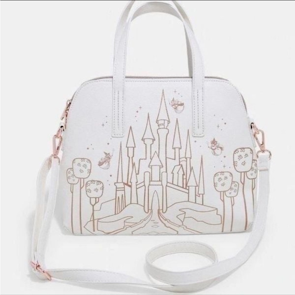 Loungefly Disney Aurora Sleeping Beauty Fairy Godmother Castle Purse Rose gold